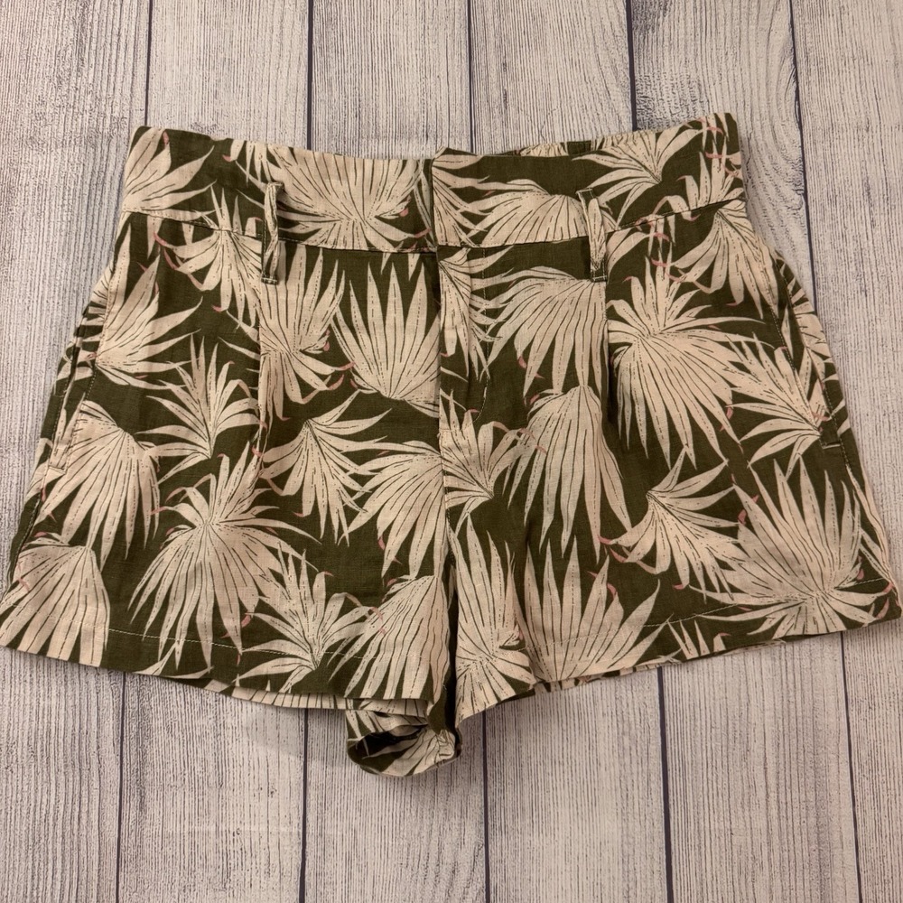 Tahari Women's Linen Tropical Palm Leaf Shorts Green Beige Size Large L